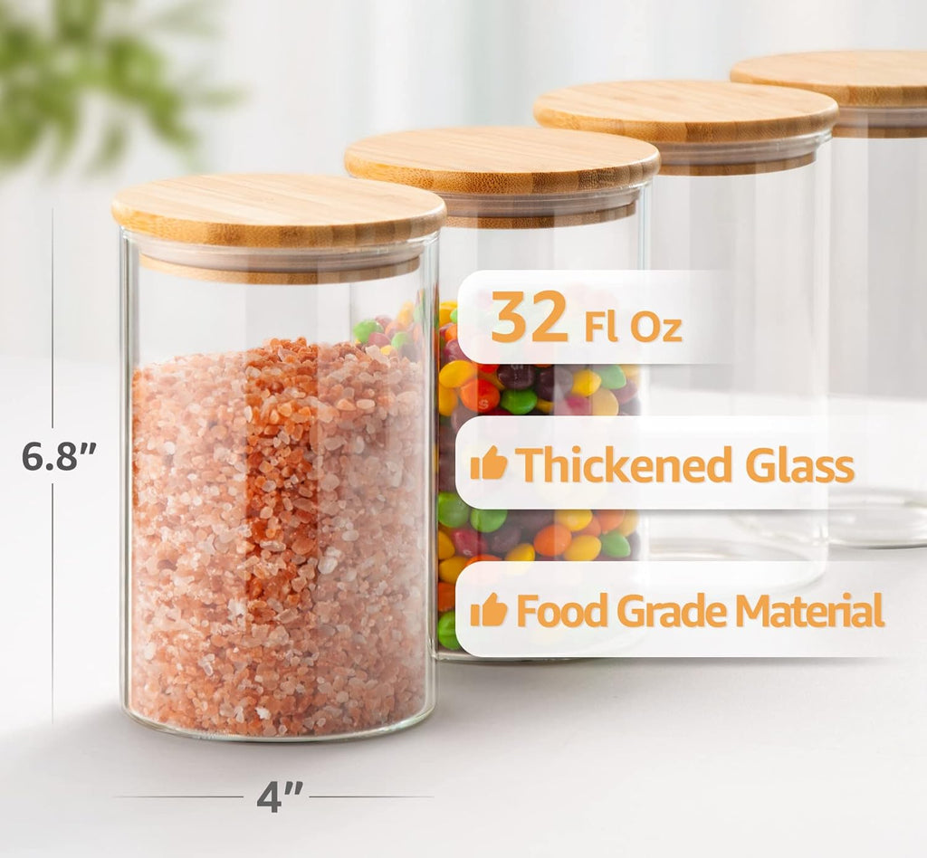 32 FL Oz Glass Jars with Bamboo Lid Set, 4Pack UPGRADE Thick Glass Pantry Storage Canisters Kitchen Clear Food Containers, for Dry Foods Nut Meal Prep Coffee Bean Candy Sugar Cookie Cereal