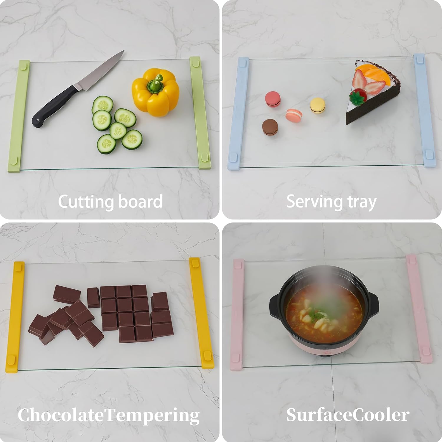 Small Tempered Glass Cutting Board for Kitchen with Rubber Handle Dishwasher-Safe Cutting Board Non Anti slip Easy to Grip, Easy to Clean-Cheese Board,Serving Tray,Hot Pot Mat(Yellow-12*8")