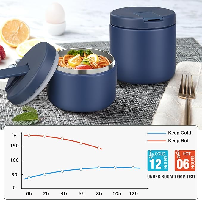 12oz Kids Soup Thermo for Hot Food Insulated Vacuum Food Jar with Buckle Lid, Stainless Steel Wide Mouth Leak Proof Lunch Container for School Travel-Blue