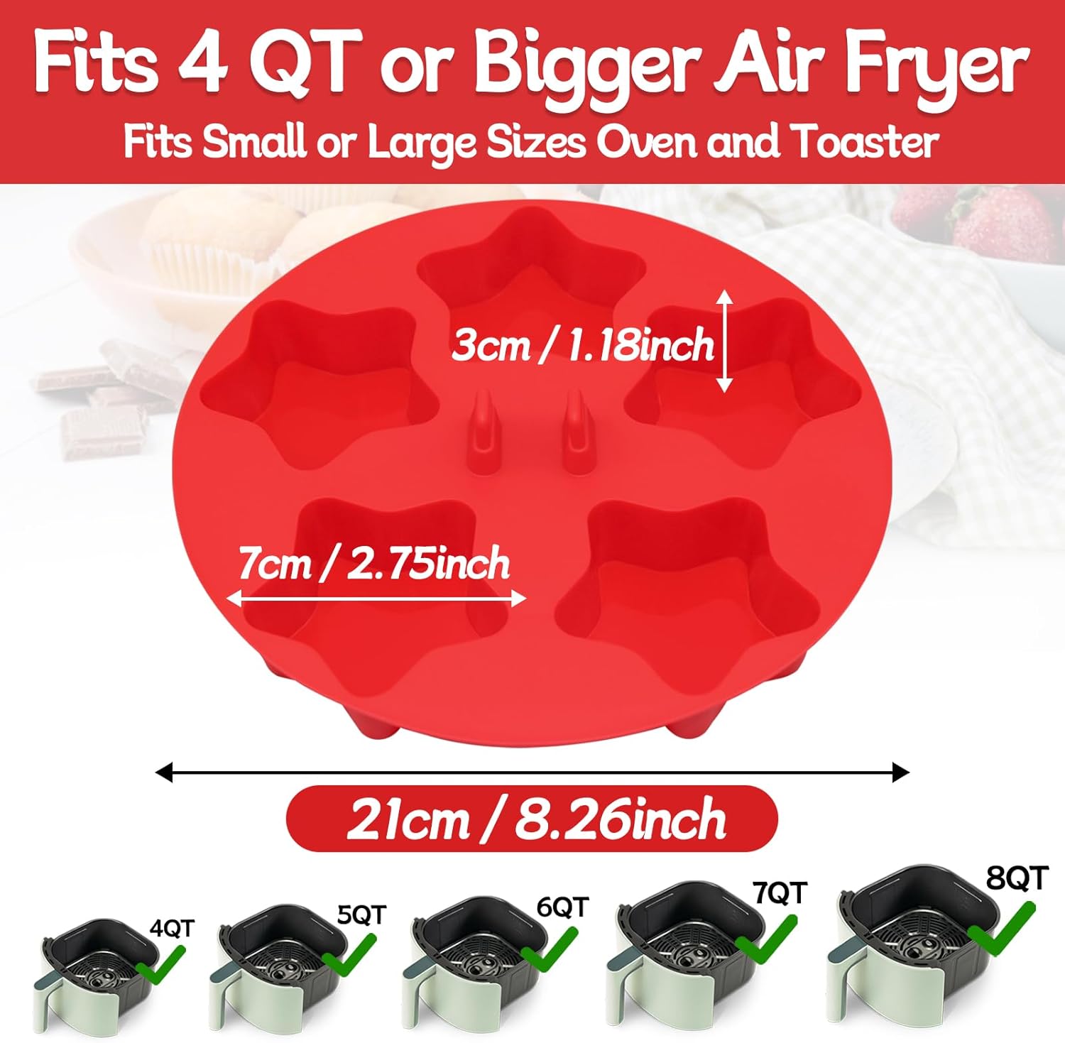 2Pcs Silicone Air Fryer Muffin Pan for Baking with Star Shape, 5 Cups Silicone Cupcake Pans Non Stick Egg Bites Mold, Muffin Tins for Oven Instant Pot Toaster Dishwasher