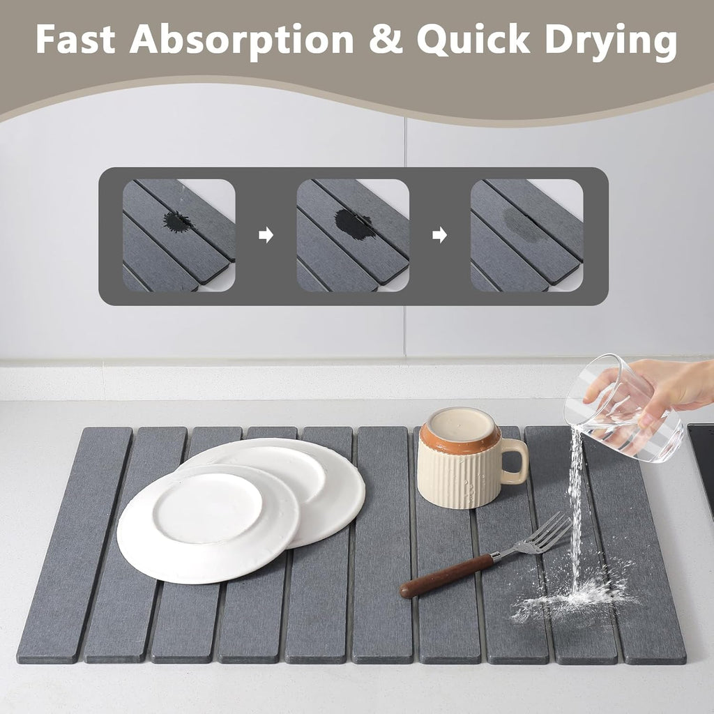 Large Stone Drying Mat for Kitchen Counter, 24''L x 16''W Diatomaceous Earth Collapsible Dish Drying Mat, Quick Drying Mat for Dishes, Bottles and Cups, Matches Any Countertop (Dark Gray)