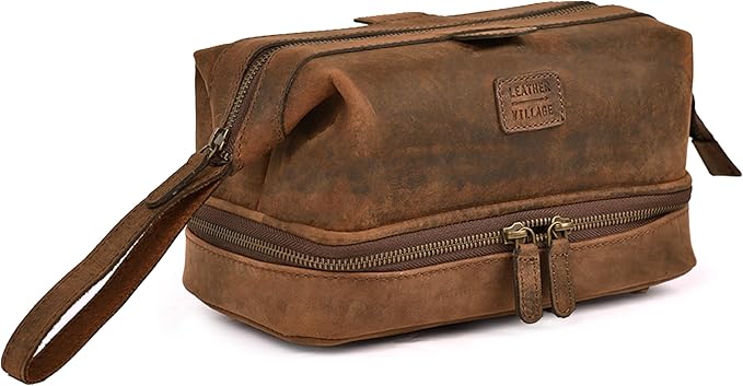 LEATHER VILLAGE Genuine Leather Dopp Kit – Large Travel Toiletry Bag with Waterproof Lining, Dual-Zip Design for Men & Women, Organizer for Shaving, Makeup & Essentials - Brown