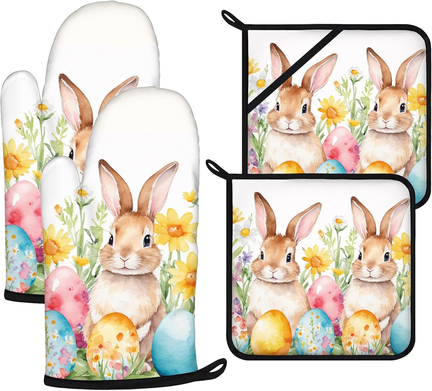 Easter Rabbits Oven Mitts and Pot Holders Sets 4Pcs,Extra Long Oven Gloves Potholder for Kitchen Cooking Baking BBQ 100% Cotton Heat Resistant