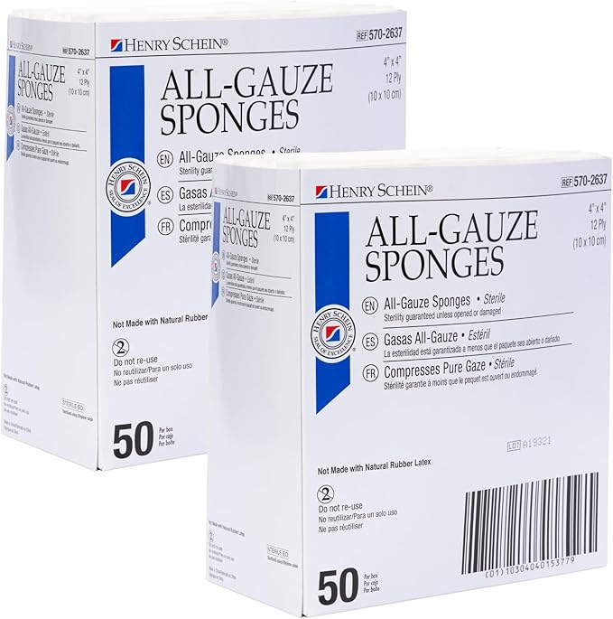 Premium 100% Cotton All-Gauze Sponge 4x4 12 Ply Sterile Square for Wound Care & Home First Aid Kits - 2 Packs (50 /Pack)
