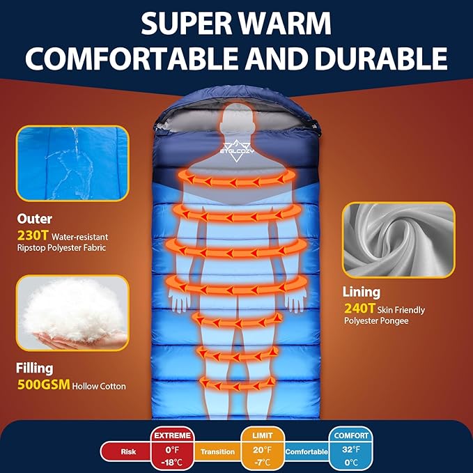 Adult Kids Sleeping Bag - All Season Warm/Cold Weather Lightweight for Camping & Hiking - Compact w/Compression Sack - Portable for Backpacking Travel Indoor - Unisex Boy Girl Man Woman