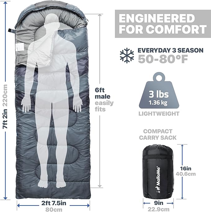 MalloMe Sleeping Bags for Adults Cold Weather & Warm - Backpacking Camping Sleeping Bag for Kids 10-12, Girls, Boys - Lightweight Compact Camping Essentials Gear Accessories Hiking Sleep Must Haves