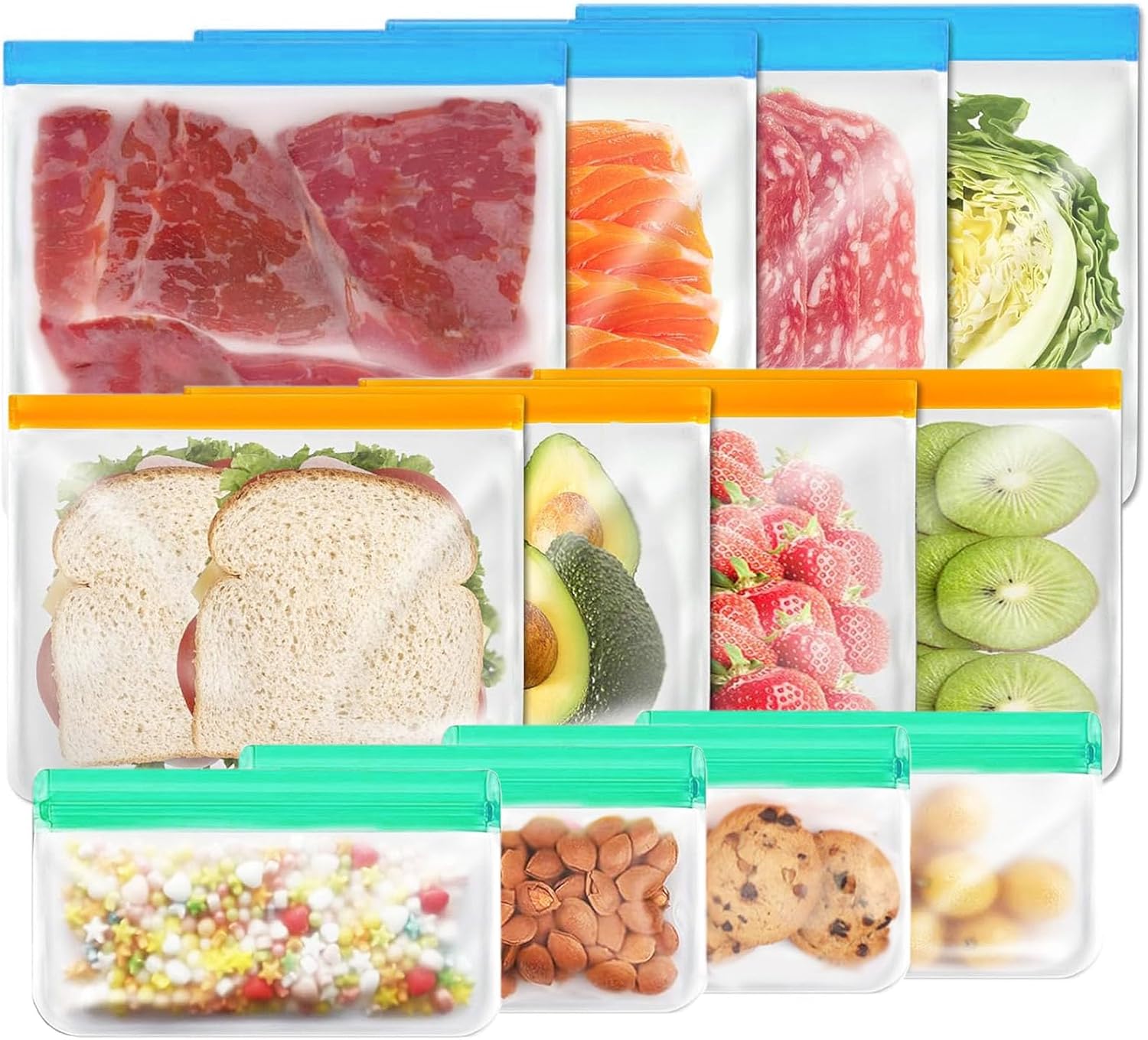 12 Pack Reusable Food Storage Bags Dishwasher Safe, Silicone Extra Thick Leak-proof Reusable Freezer Bags for Candy, Snack, Cereal, Travel Items, Home Organization