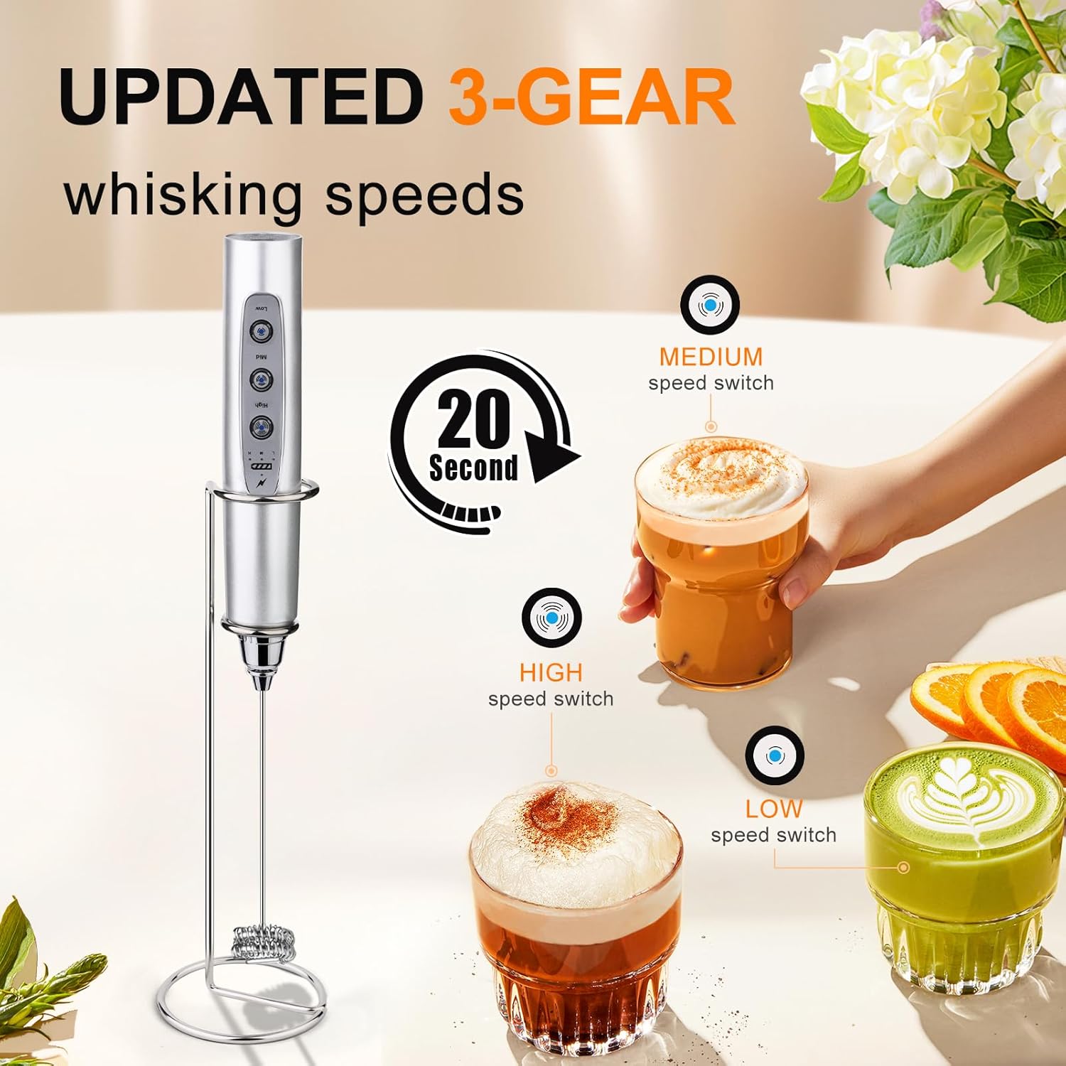 YUSWKO Silver Rechargeable Milk Frother for Coffee with Stand, Handheld Drink Mixer with 3 Heads 3 Speeds Electric Stirrers for Latte, Cappuccino, Hot Chocolate, Egg