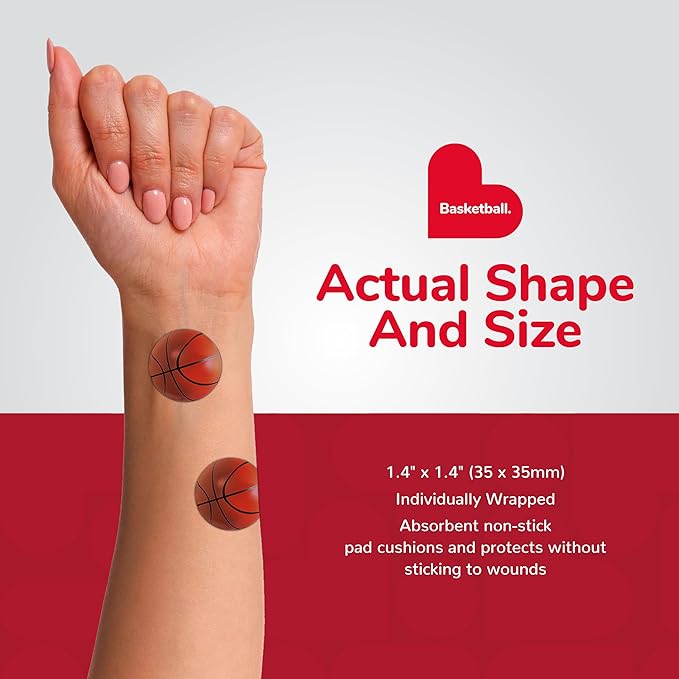 BioSwiss Bandages, Basketball Shaped Self Adhesive Bandage, Latex Free Sterile Wound Care, Fun First Aid Kit Supplies for Kids, 24 Count