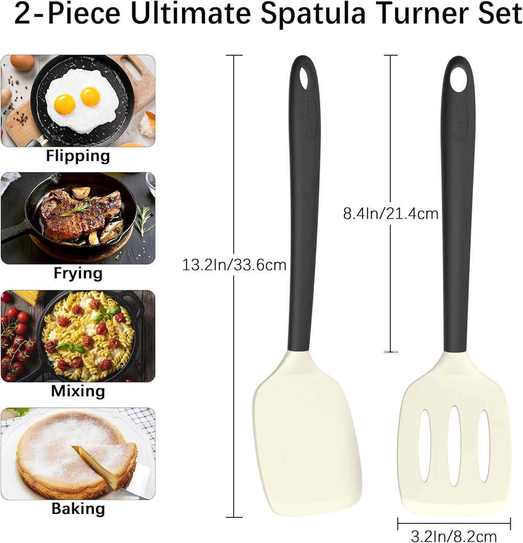 Coukre 2 Pack Silicone Spatula Set, High Heat Resistant, BPA Free Kitchen Spatula, Solid & Slotted Turner for Non-Stick Pans, Sautéing, and Flipping (2, Beige)
