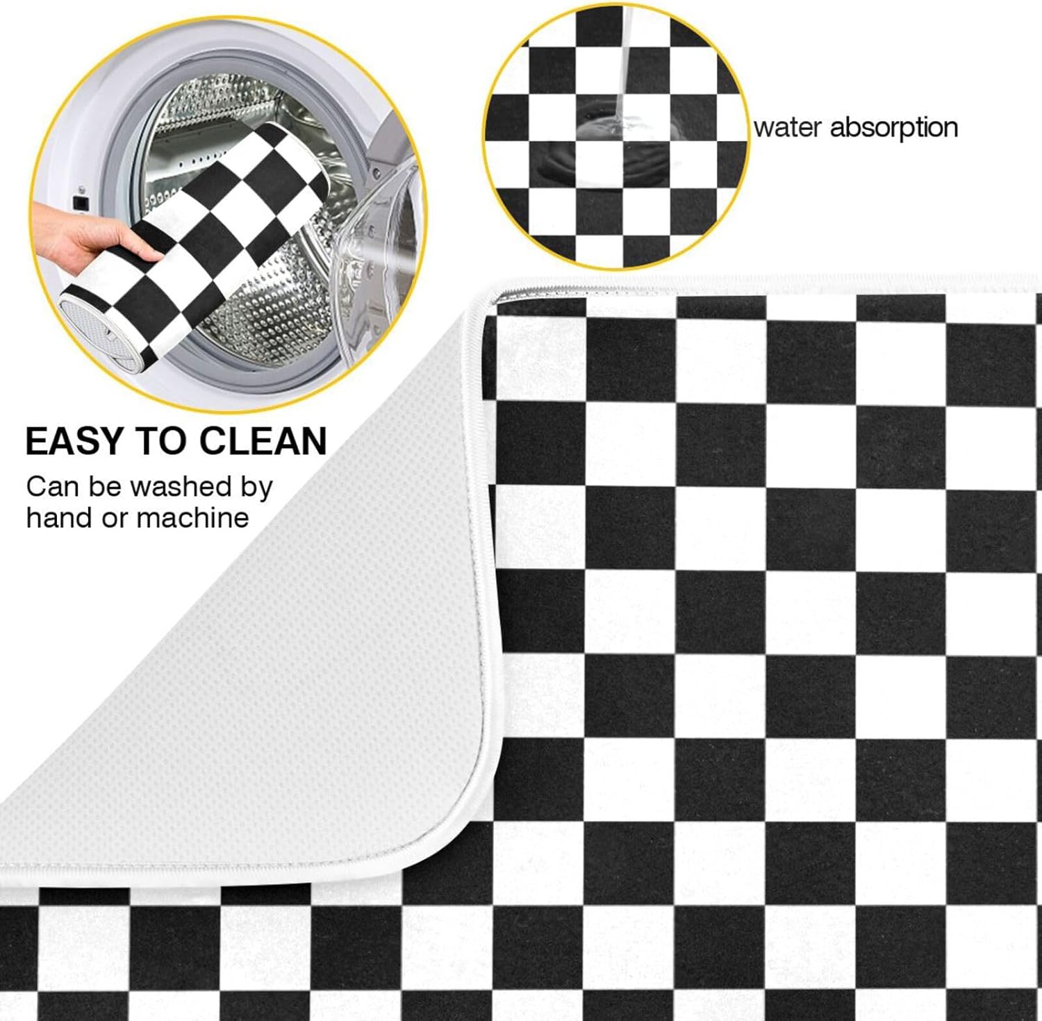 Black White Checkered Pattern Dish Drying Mat for Kitchen Counter Absorbent Microfiber Drying Pad, Large 18x24 in, Reversible Drainer Mats