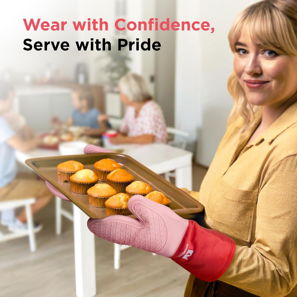 Kitchen Mama UltraShield Silicone Oven Mitts – Heat Resistant, Non-Slip Surface, Durable, Safe, Pot Holders, Flexible Waterproof Glove Set, Perfect for Cooking, Baking, Grilling, BBQ (Red)