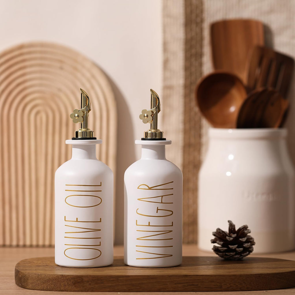 HOMCDALY Premium Olive Oil Dispenser for Kitchen, 11.8oz Glass Oil Bottles with Bamboo Tray, White and Gold Oil&Vinegar Cruet Set, Kitchen Dispenser Bottles with Pourer| Set of 2 (11.8oz –P–Gold)