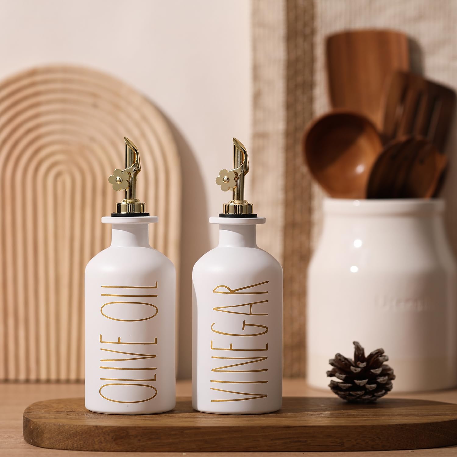 HOMCDALY Premium Olive Oil Dispenser for Kitchen, 11.8oz Glass Oil Bottles with Bamboo Tray, White and Gold Oil&Vinegar Cruet Set, Kitchen Dispenser Bottles with Pourer| Set of 2 (11.8oz –P–Gold)