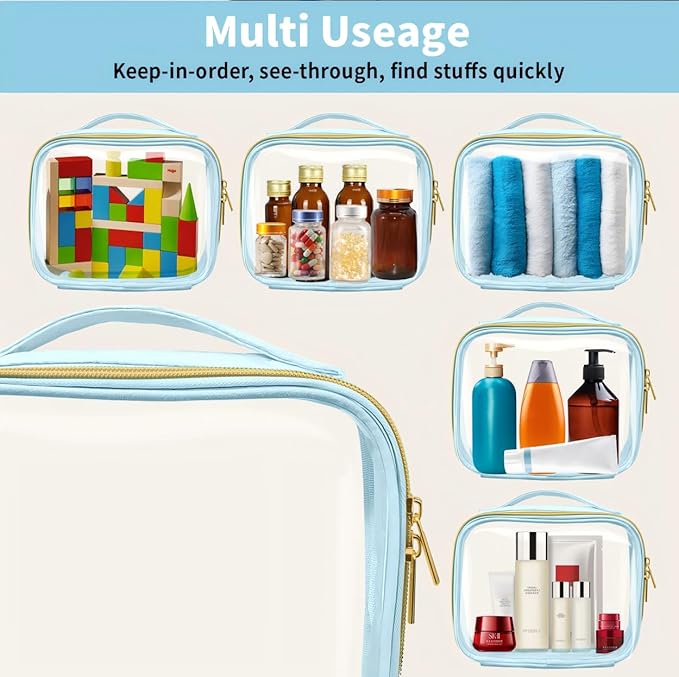 TSA Approved Travel Toiletry Bag,4 Pack Clear Makeup Bags with Handles,Quart Size Clear Cosmetic Bags for Traveling Women,Men,Carry on Airport Airline Compliant Bag,Blue