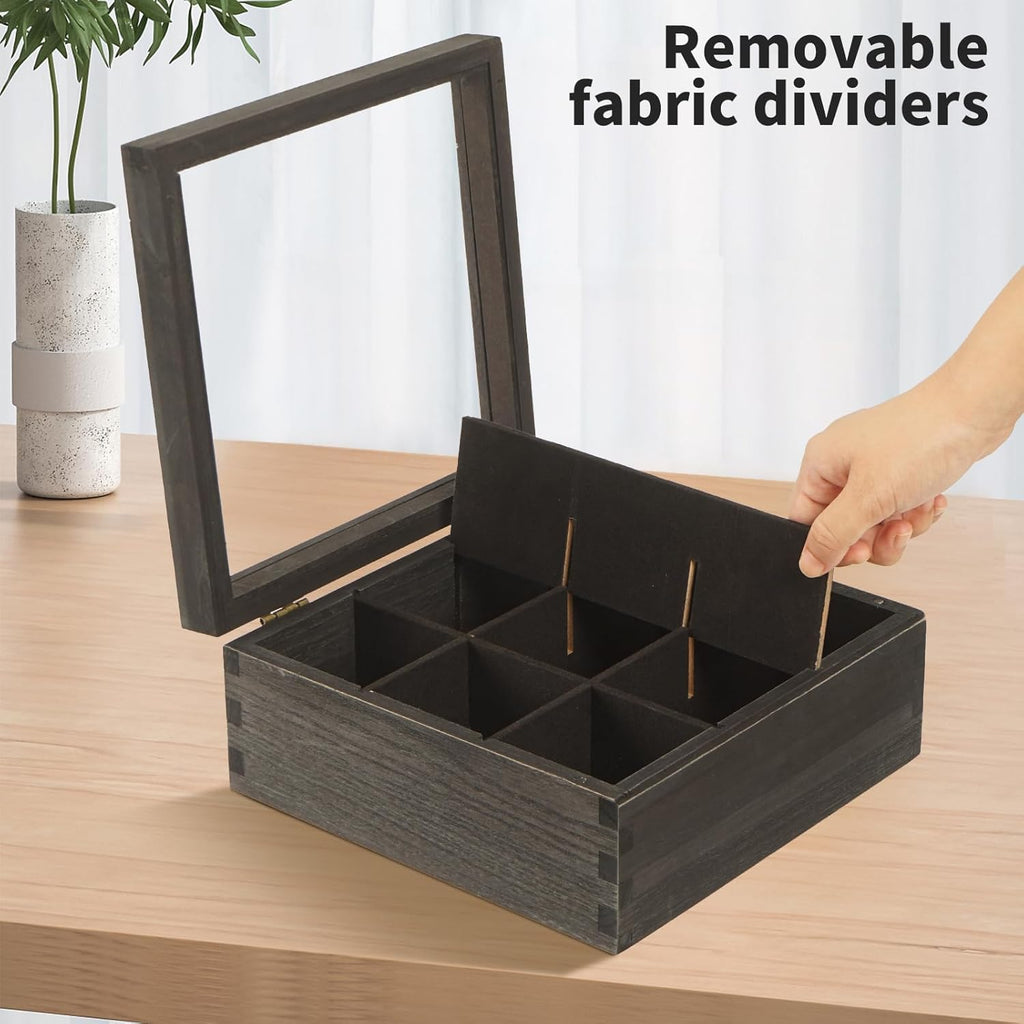 Black Wood Tea Bag Organizer, 9 Compartment Multi-Functional Tea Box and Storage Organizer,Tea Storage Chest with Acrylic Lid