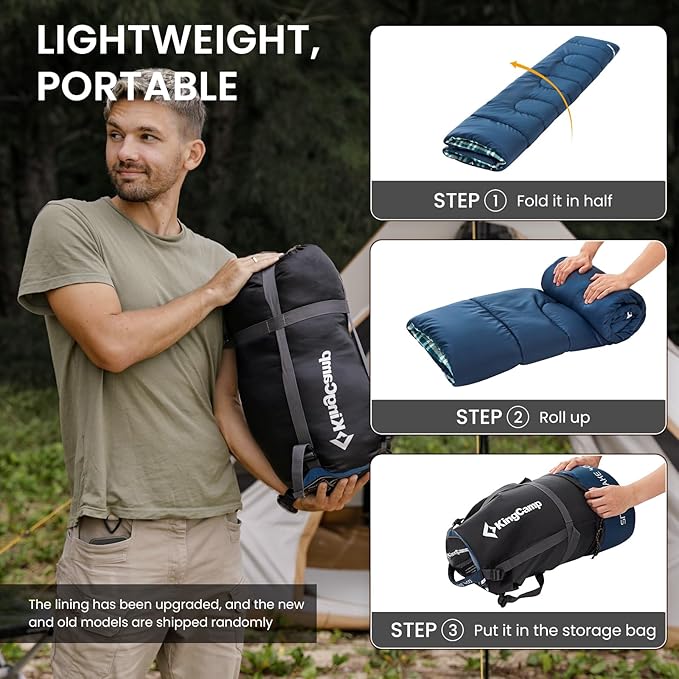 KingCamp Sleeping Bag for Adults, Cold Weather & Warm XL Big and Tall Flannel Sleeping Bags with Compression Sack Portable Waterproof Essentials Gear Accessories for Outdoor Camping