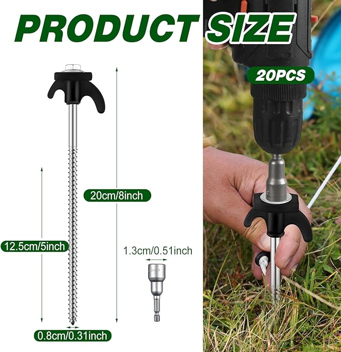 20 Pcs 8" Screw in Tent Stakes Heavy Duty Tent Stakes Drillable Ground Anchors Screw Metal Tent Pegs Threaded Tent Spikes with Head Driver for Swing Inflatable Decor (Black)