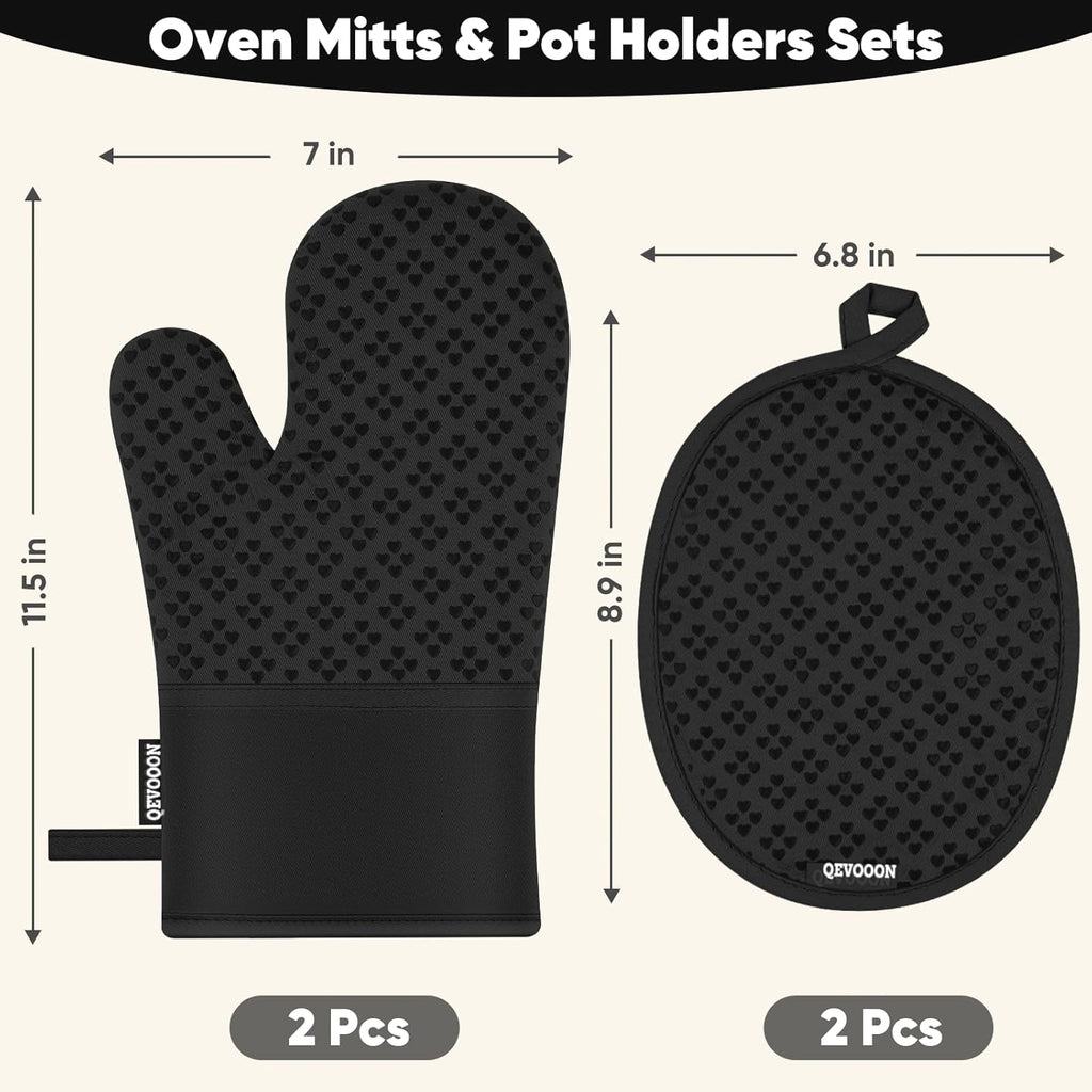 Oven Mitts and Pot Holders 4 Sets, Heat Resistant 500 ℉ Oven Mitt and Pot Holder,Oven Glove&Potholders with Non-Slip Silicone Surface,Kitchen Essentials for Cooking/Baking/BBQ-Black