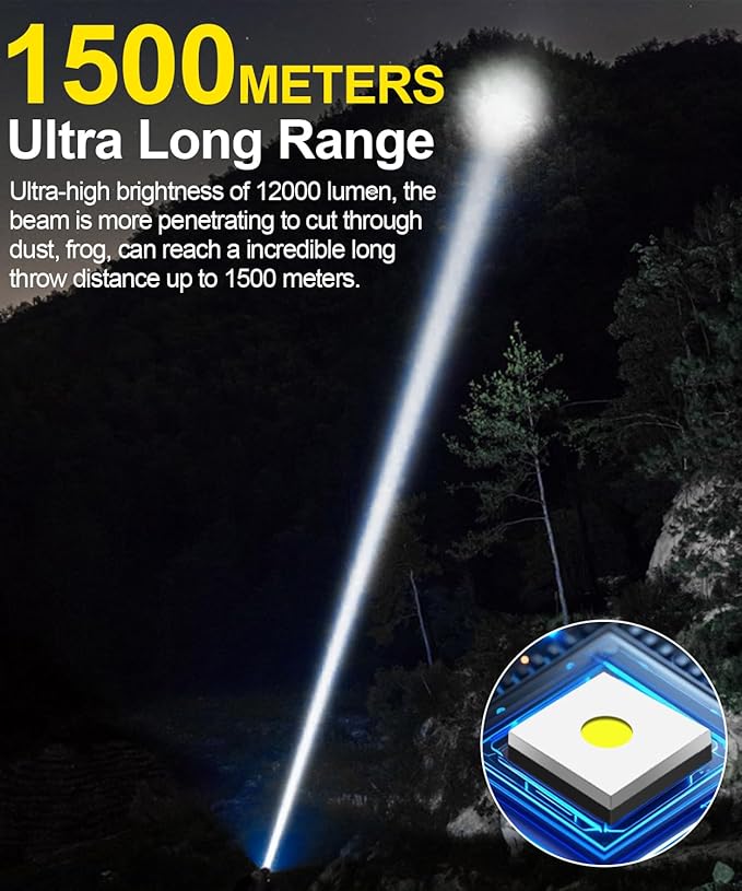 Rechargeable Flashlight High Lumens-12000LM Super Bright Magnetic Flash Light with Power Digital Display,3280Ft Long Range,Dimmable,Waterproof,Pocket LED Flashlights for Emergency Camping 2PC Gold