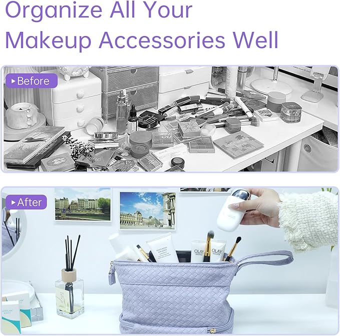 Abiudeng Large Capacity Makeup Bag Ladies Cosmetic Bag Travel Bag with Compartments Portable PU Leather Travel Makeup Bag with Handle