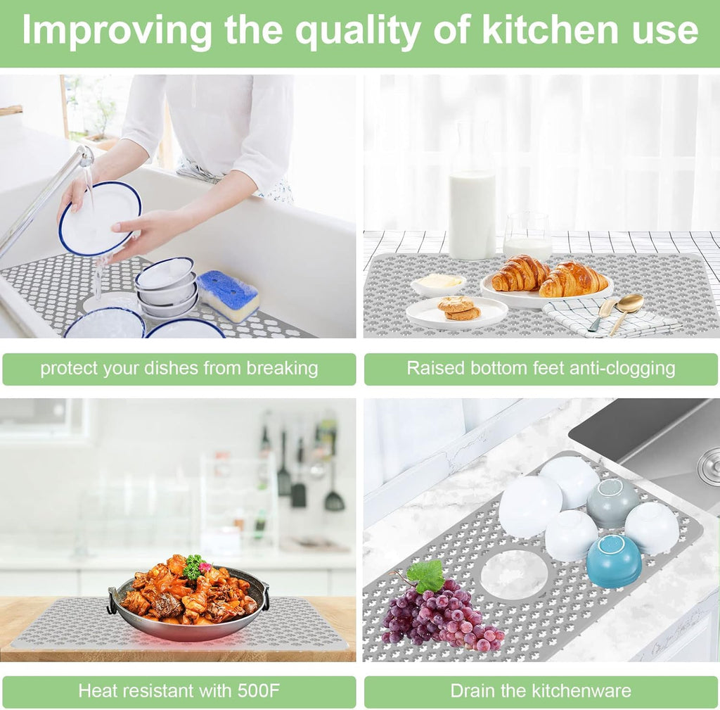 Kitchen Sink Protectors, 24x12 Heat Resistant Mat for Stainless/Porcelain Sink, No-Slip Grid (Grey)