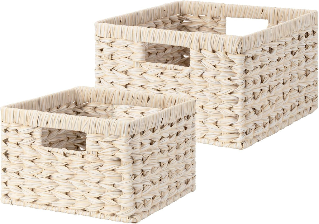 GRANNY SAYS Wicker Baskets for Organizing, Storage Basket for Shelves, Square Shelf Baskets with Handles, Waterproof Woven Basket for Living Room, Baskets for Entryway, Butter Milk