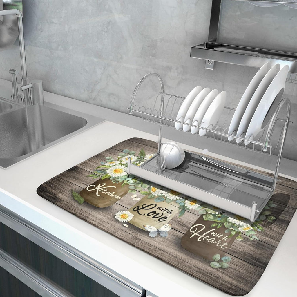 Flower Vase Dish Drying Mats 18×24 Inch Rustic Wood Reversible Microfiber Kitchen Countertop Protector Fast Dry Dish Drainer Rack Pad