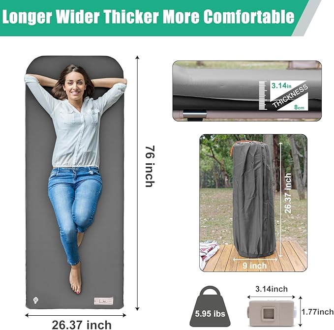 Self Inflating Sleeping Pad with Electric Pump,3.14" Thick Memory Foam Sleeping Mats for Camping,Easy Inflate&Deflate,9.5 R-Value Insulated Camping Mattress with Pillow for Car Travel Tent, Grey