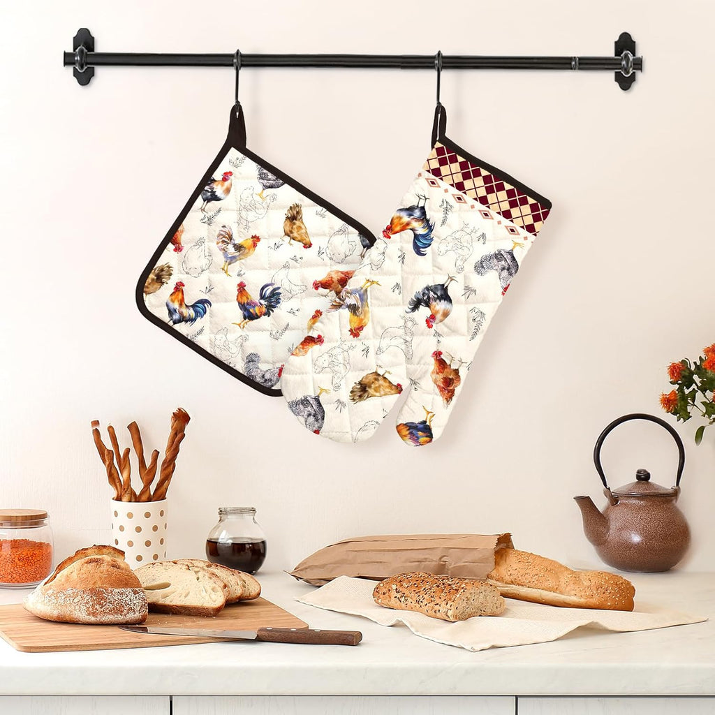 Roosters Oven Mitts and Pot Holders Sets 2Pcs, 100% Cotton Heat Resistant, Extra Long Oven Gloves Potholder for Kitchen Cooking Baking Decoration