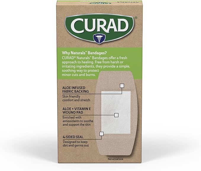 CURAD Naturals Aloe Vera & Vitamin E Bandages 2" x 4", Individually Wrapped Sterile Bandage, First Aid Kit Essential, Protects Scrapes and Cuts, Absorbent and Self-Adhesive, 8-Count-4 Boxes