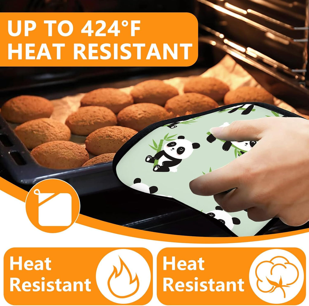 Cute Panda Oven Mitts and Pot Holders Sets 4Pcs,Extra Long Oven Gloves Potholder for Kitchen Cooking Baking BBQ 100% Cotton Heat Resistant