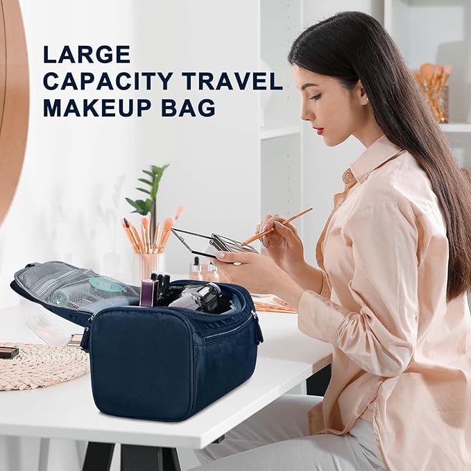 Hanging Toiletry Bag for Women and Men Traveling Makeup Large Capacity Cosmetics Portable Dopp Kit Storage Organizer Bag with Hanging Hook for Toiletries Brushes (Dark Blue)