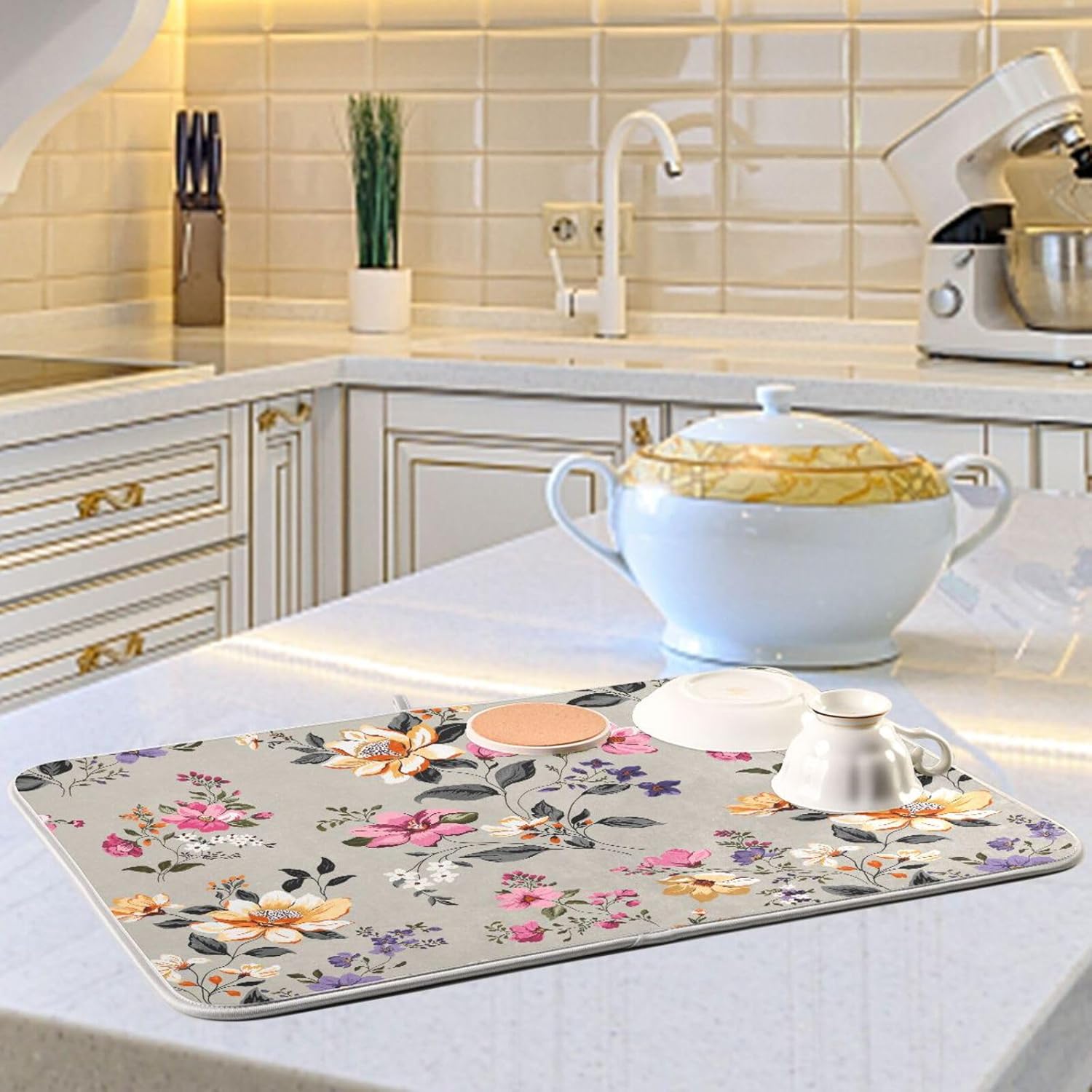 Vintage Flowers Leaves Dish Drying Mat for Kitchen Counter Absorbent Microfiber Drying Pad, Large 18x24 in, Reversible Drainer Mats