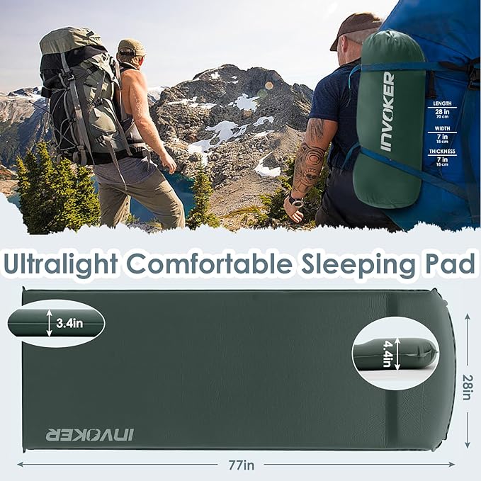 INVOKER Camping Sleeping Pad Foam Built-in Electric Air Pump 3.4" Ultra-Thick Self Inflating Sleeping Pad Fast Inflating in 20s Camping Mattress with Pillow for Car, Travel, Tent, Picnc