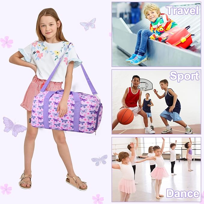 Girls Overnight Duffle Bag,RAVUO Cute Butterfly Kids Sport Gym Bag with Shoe Compartment, Carry On Weekender Travel Bag for Teens