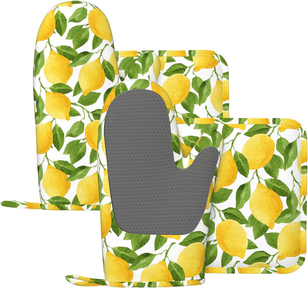 Lemon Oven Mitts and Pot Holders Sets of 4,Resistant Hot Pads with Silicone Non-Slip BBQ Gloves for Kitchen,Cooking,Baking,Grilling