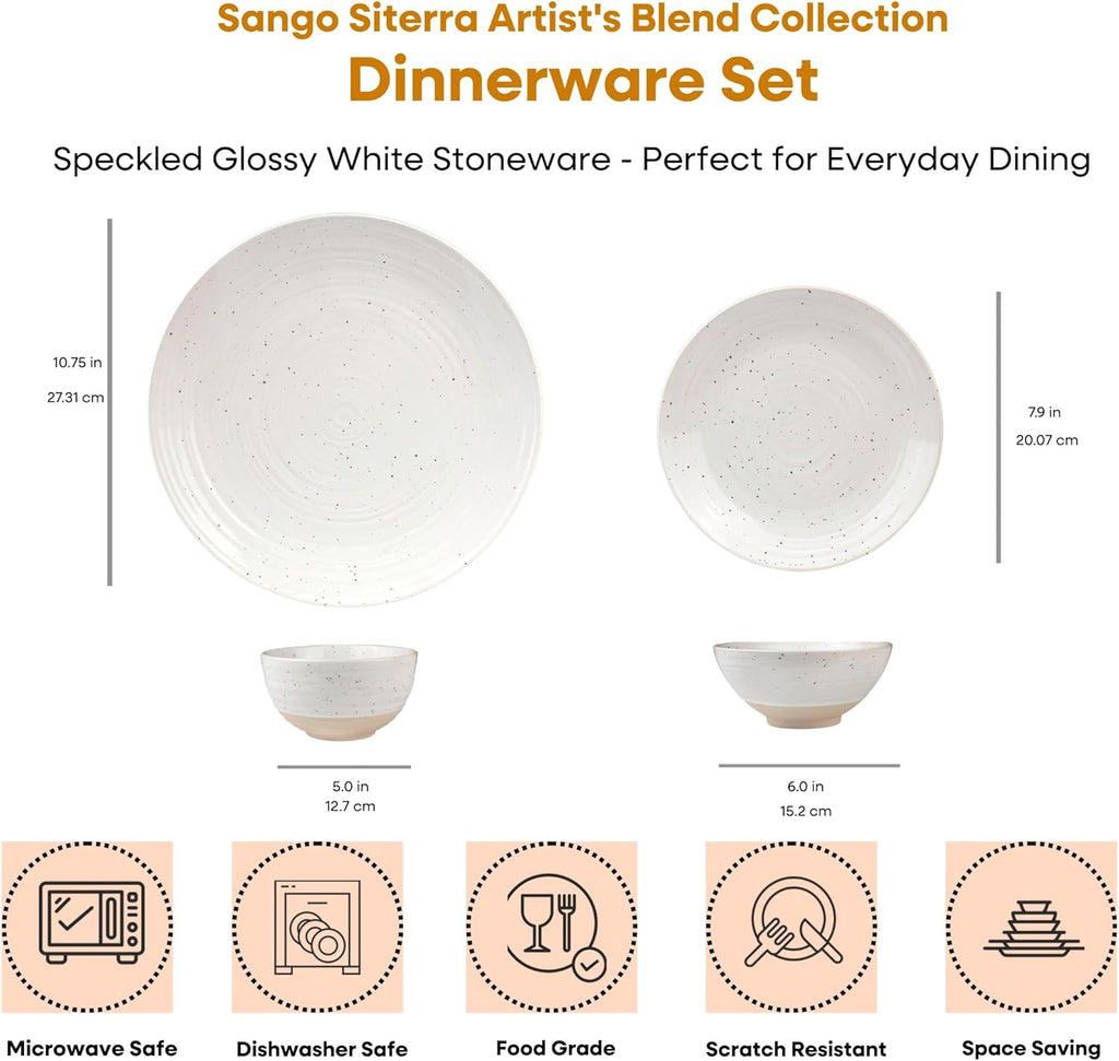Sango Siterra 16-Piece Rustic White Stoneware Dinnerware Set – Service for 4, White with Glossy Speckle Overlay, for Everyday Dining & Entertainment, Microwave & Dishwasher Safe