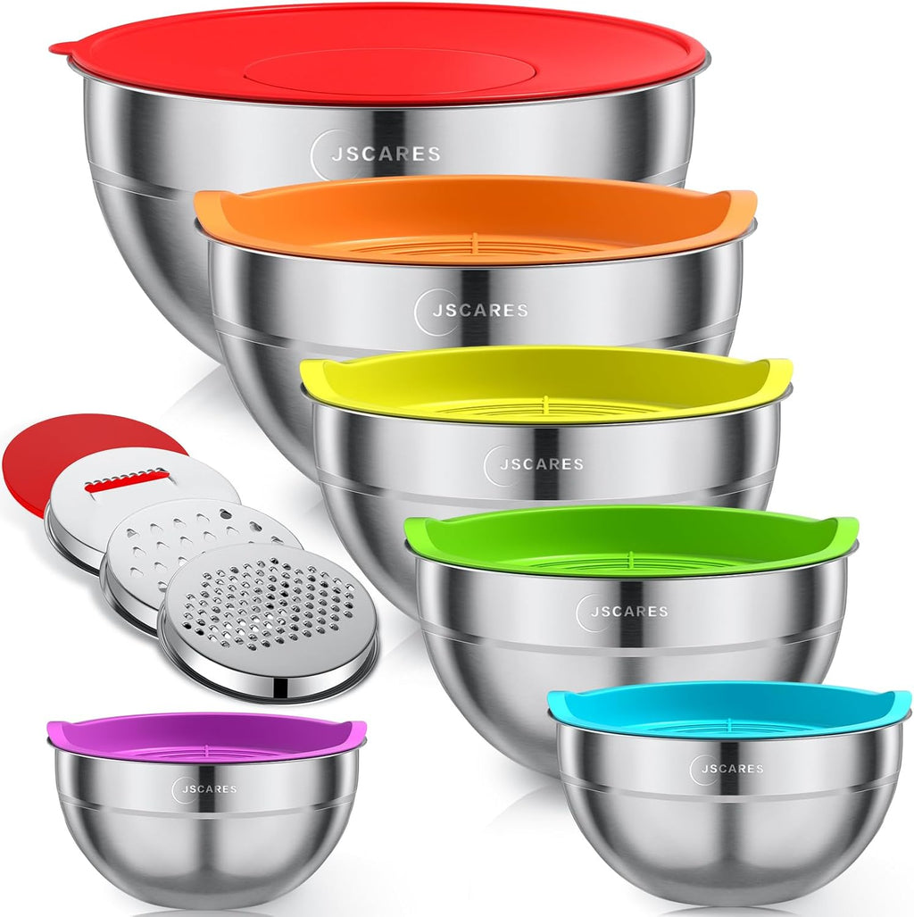 Mixing Bowls with Colorful Airtight Lids, 6 Piece Stainless Steel Metal Bowls with 3 Grater Attachments, Size 4.5, 3.5, 2.1, 1.5, 1.1, 0.7 QT