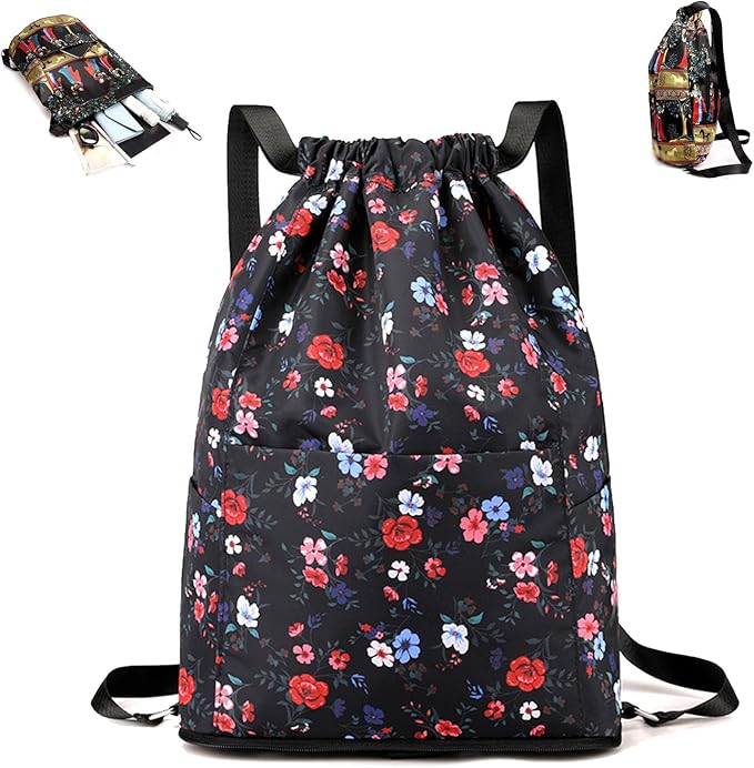 Drawstring Foldable Large Capacity Dry-wet Separation Travel Sports Backpack Waterproof Gym Bag with Multiple Pockets (Black)