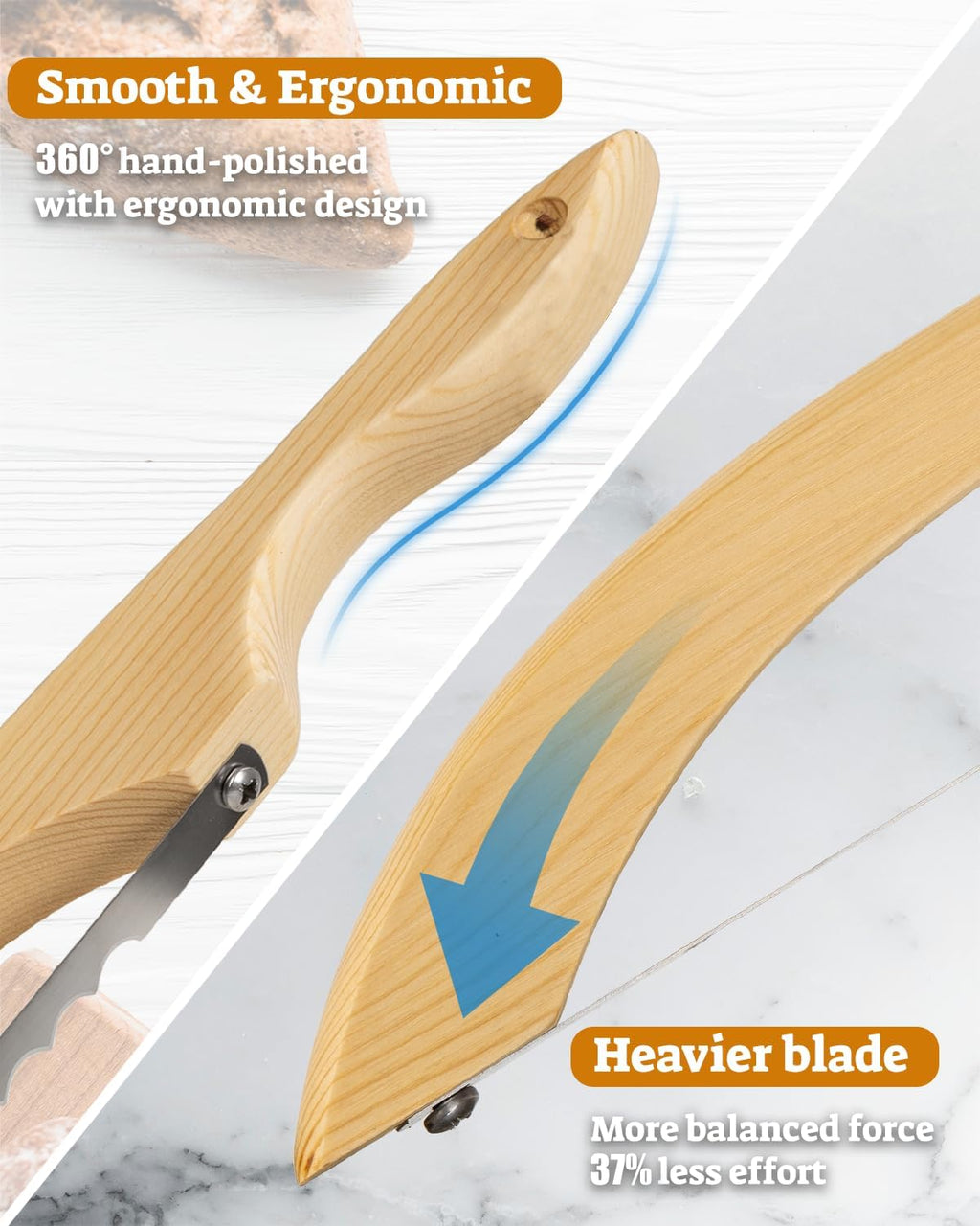 16.5” Bread slicer for Homemade Bread, Serrated Bread Knife for homemade bread with Bow Design, Premium Bread Knife, Bread Slicer, Bread Cutter for Bagels, Baguettes, Natural Wood