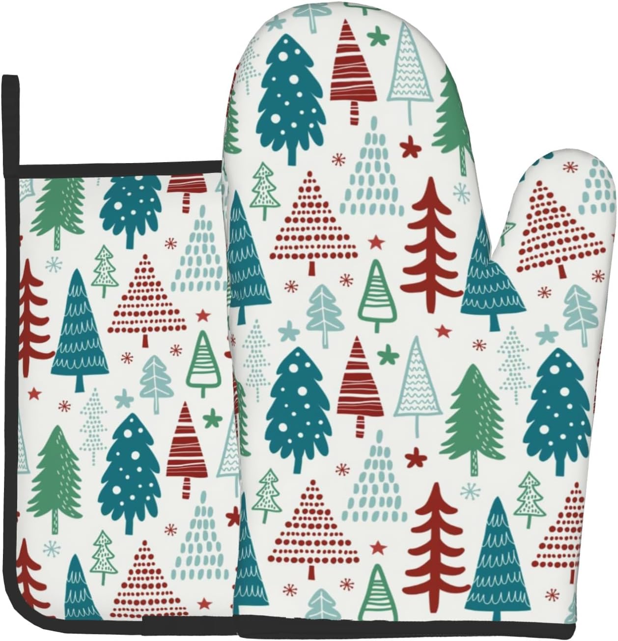 Pine Tree Oven Mitts and Pot Holder Set of 2 Winter Xmas Washable Kitchen Heat Resistant Gloves for Microwave BBQ Cooking Baking Grilling