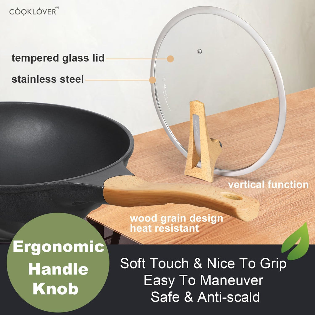 COOKLOVER Nonstick Woks And Stir Fry Pans Die-cast Aluminum Scratch Resistant 100% PFOA Free Induction Wok pan with Lid 12.6 Inch - BK