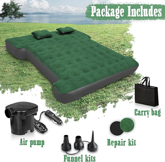 Truck Bed Air Mattress, Full Size Truck Beds, Inflatable Air Mattress with Air Pump 2 Pillows, Carry Bag, Pickup Bed Mattress for Chevrolet Silverado, Dodge Ram, Ford, Green
