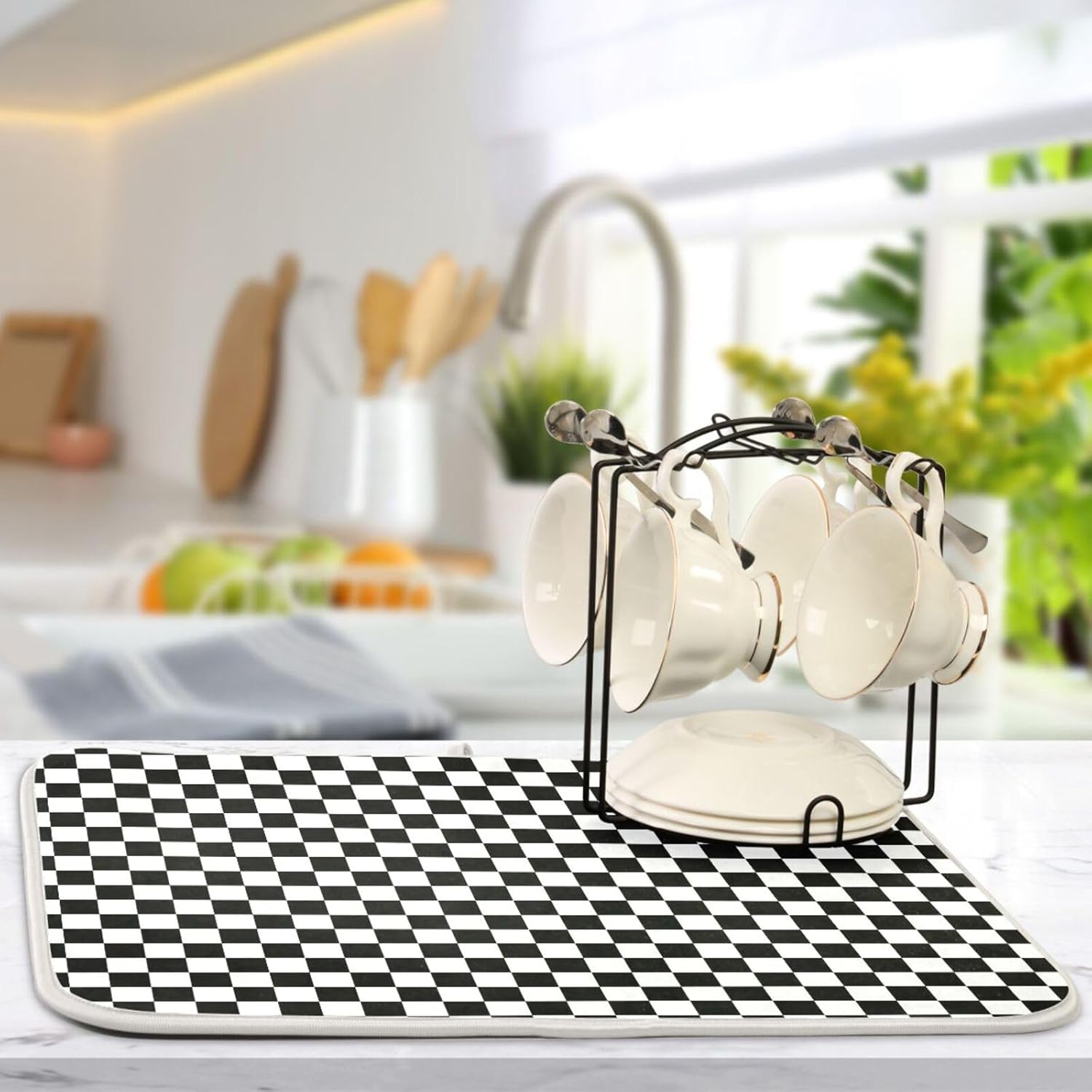 Black White Checkered Pattern Dish Drying Mat for Kitchen Counter Absorbent Microfiber Drying Pad, Medium 16x18 in, Reversible Drainer Mats
