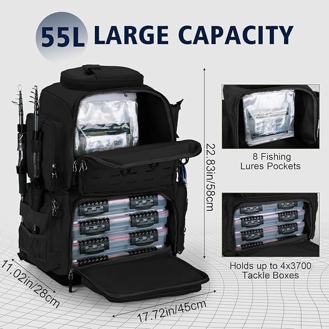 Goture IPX EVA Bottom Fishing Tackle Bag with Rod Holder, Waterproof 600D Fishing Backpack with 8 Lure Pockets & Rain Cover