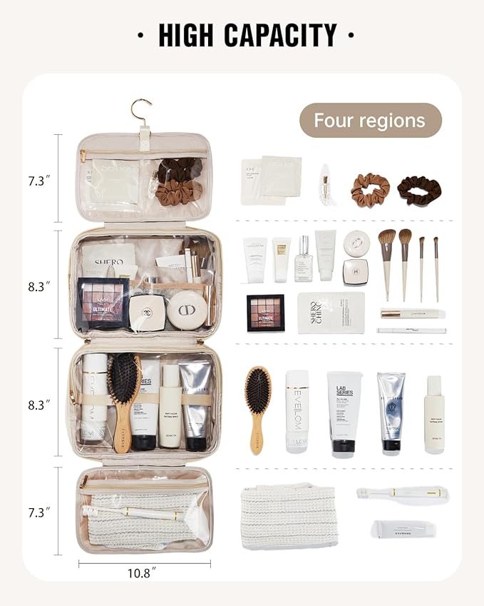 EACHY Travel Toiletry Bag with Hanging Hook, Portable Makeup Cosmetic Bags for Women, Water-Resistant Full-Size Travel Accessories (Pink)