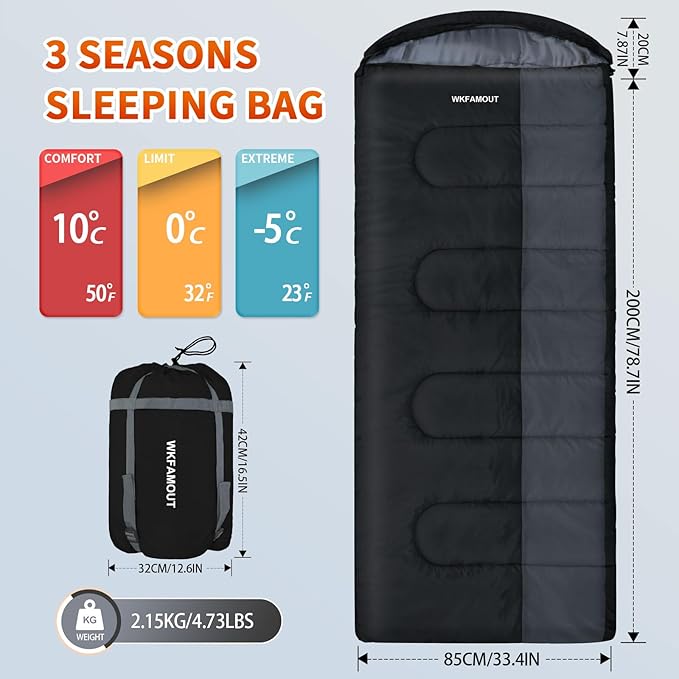 XL 10 Degree Sleeping Bags Waterproof for Adults 350GSM Machine Washable with Compression Sack for 3-4 Season Camping Outdoor