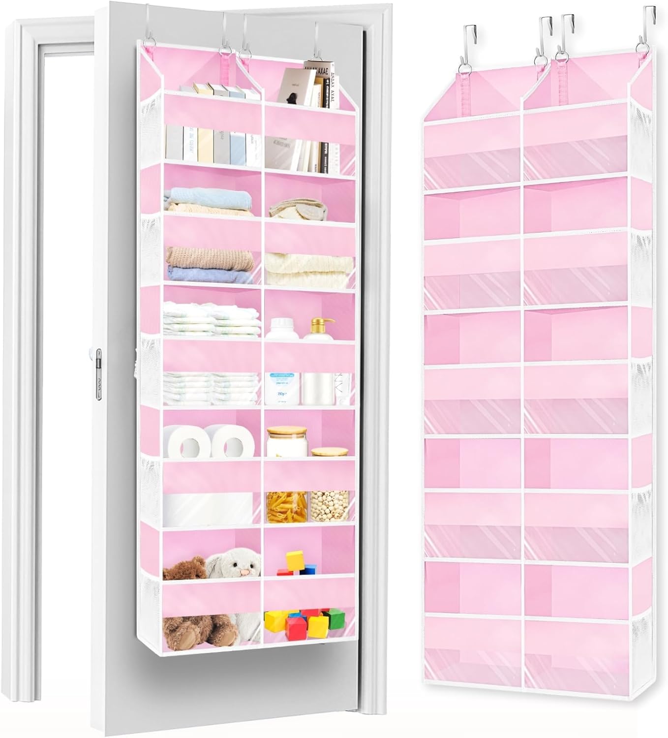 Pink Over The Door Organizer 5 Tiers, Extra Large Behind Door Storage of 10 Compartments, 50 lbs Weight Capacity Over The Door Storage for Closet, Diaper Organizer