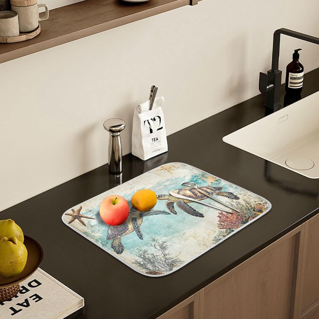 Vintage Ocean Sea Turtle04 Dish Drying Mat for Kitchen Counter Absorbent Microfiber Large Drying Pad Dish mats for Kitchen Countertops 18 x 24 Inch